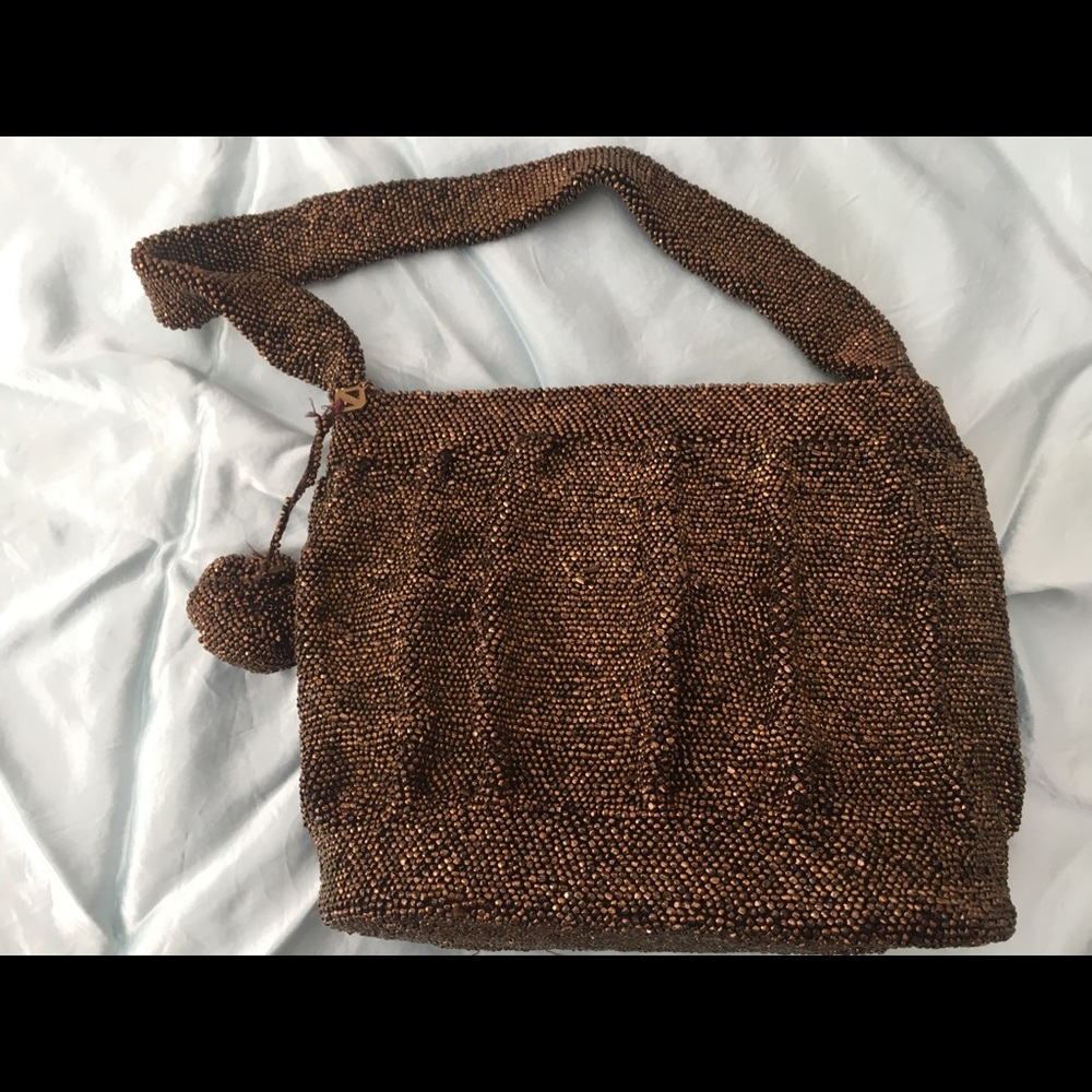 Gorgeous vintage bronze beaded evening bag—prob 60+ yrs — Pom Pom zipper pull—